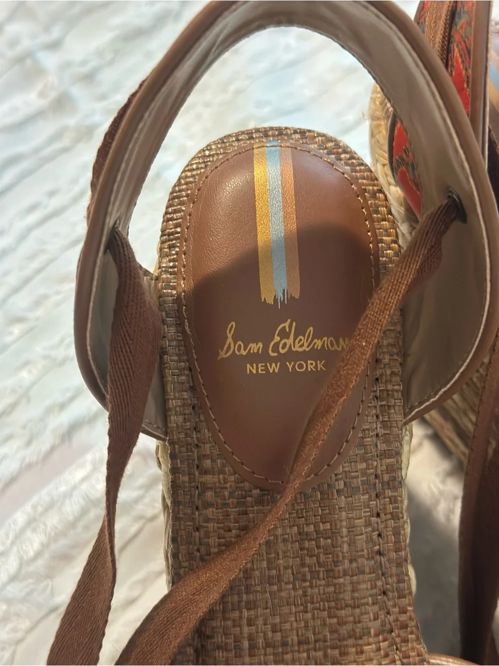 Never worn Sam Edelman Brown Espadrille Wedge Sandals with Orange Paisley Straps